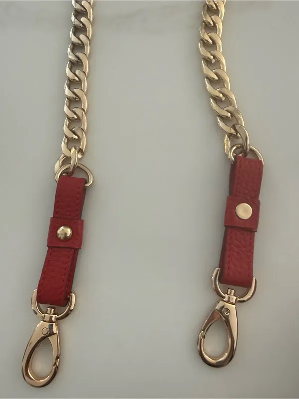 Red Leather and Gold Chain Bag Strap with Leather Shoulder Pad - Image 3