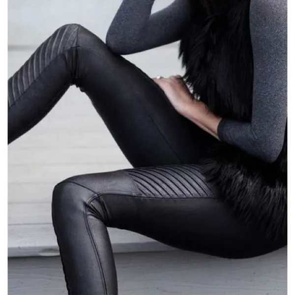 Spanx Faux Leather Moto Leggings Black Shiny Biker Motorcycle Edgy Skinny Pants - Image 4