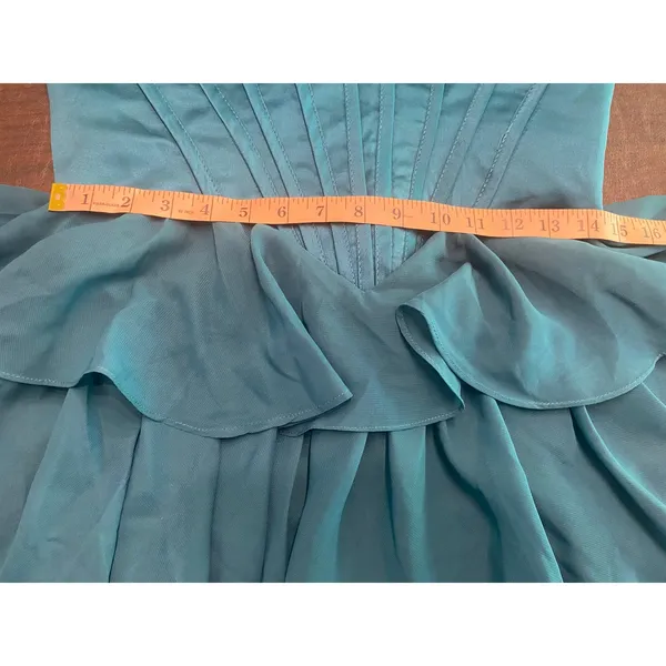 Teal Sequin Corset Mini Dress Off Shoulder Ruffle Tiered Lace Up Prom Formal S/M - Image 8