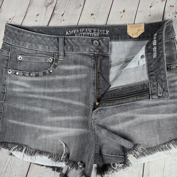 American Eagle‎ Vintage Hi-Rise Festival Shorts Grey Studded Denim Size 14 NWT - Image 3