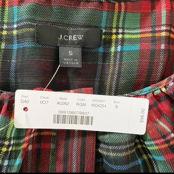 J. Crew Tartan Plaid Red Green Metallic Sheer Ruffle Button Tank‎ Blouse NWT S - Image 7