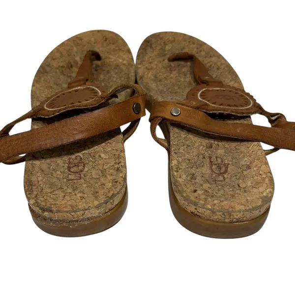 UGG Women Brown Leather Cork Footbed Medallion Thong Ankle Strap Sandals 8 - Image 5