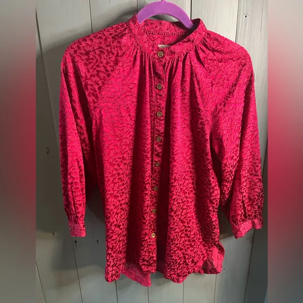 Anthropologie Susanna Velvet Deep Red Patterned B/D Blouse | Small - Image 5