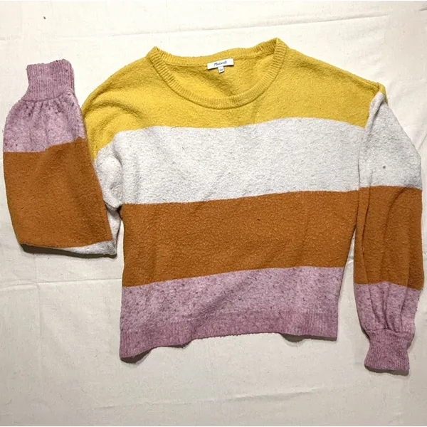 Madewell Yellow/White/Brown/Purple Striped Knit Wool Crewneck Pullover L D25 - Image 3
