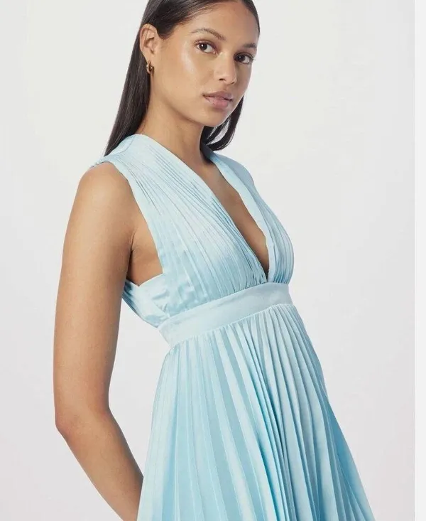 NWT Abercrombie & Fitch Plunge Pleated Satin Mini Dress Sky Blue LT - Image 6
