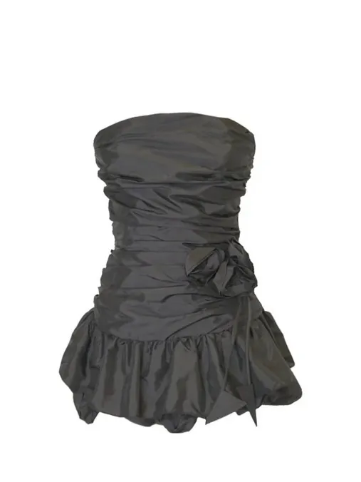 Zemeta Black Rose Strapless Ruched Rosette Bubble Mini Dress XS 3D - Image 13