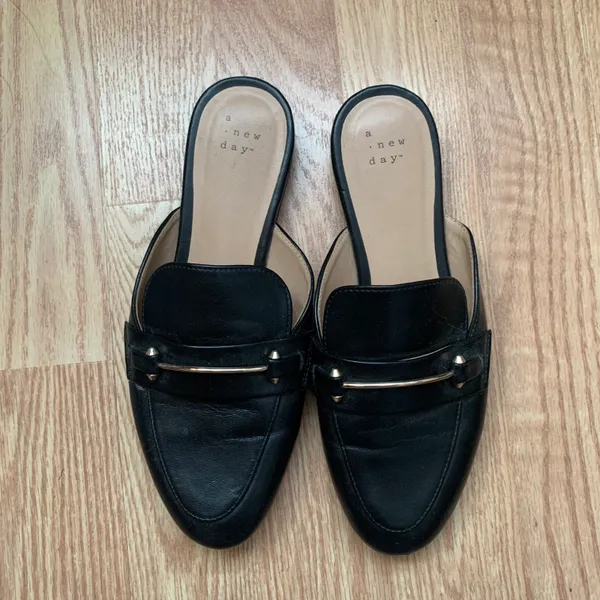 Women’s Black Slip On Mules Flats with Gold Buckle - Image 3