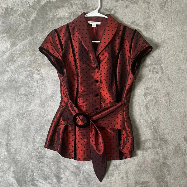 Vintage Whimsigoth Dark Romance Red‎ Satin Polka Dot Belted Blouse Structured SM - Image 2