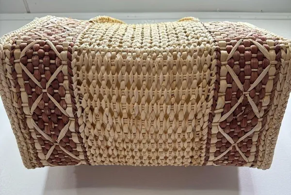Medium Straw Bag with Wood Button Closure and Two Straps - Image 5