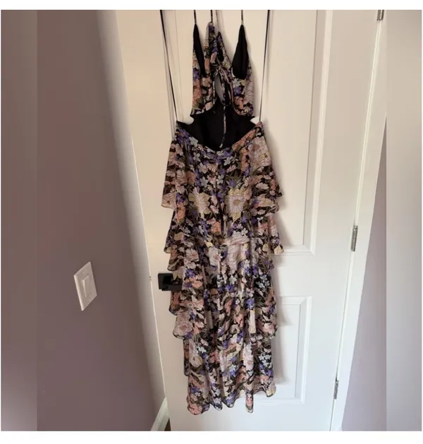 Astr Floral Tiered Maxi Dress in Black with Purple and Pink Flowers - Image 2