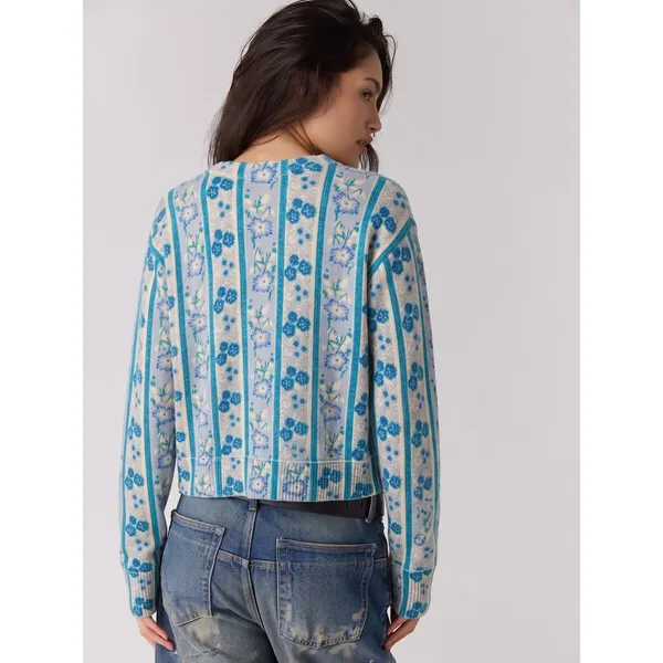Free People Nocturnal Cashmere Cardi Cardigan Sweater Cottage Blue Floral Large - Image 5