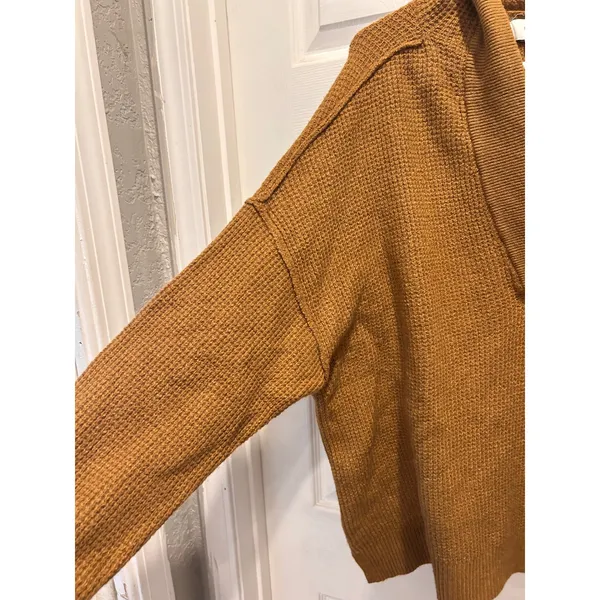 Aerie Womens Mustard Yellow Waffle Knit Oversized V-Neck Pullover Hoodie L/G NEW - Image 5