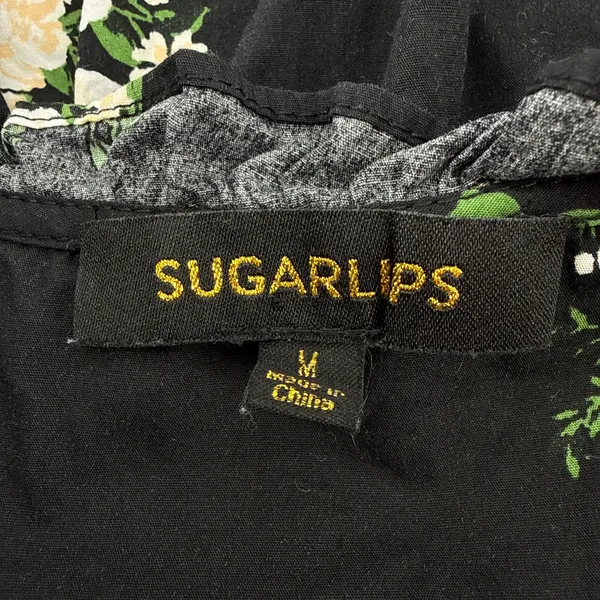 Sugarlips Black Emery Floral‎ Split Neck Ruffle Sleeve Cotton Top Medium Womens - Image 8