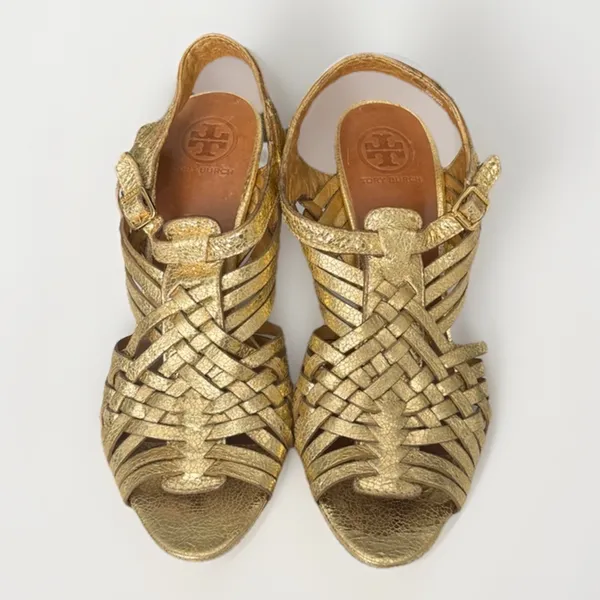 Tory Burch Nadia Metallic Gold Woven Leather Heels Sandals 9M - Image 5