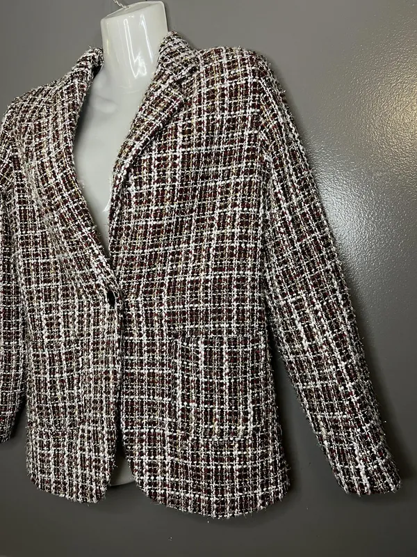 Mi Ami Blazer Womens Small Multicolor Tweed Check One Button Lined Notch Lapel - Image 3