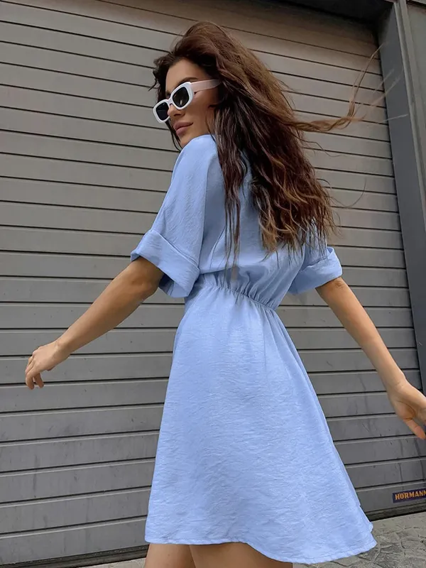 Commence Light Blue Button-Front Mini Shirt Dress XS - Image 2