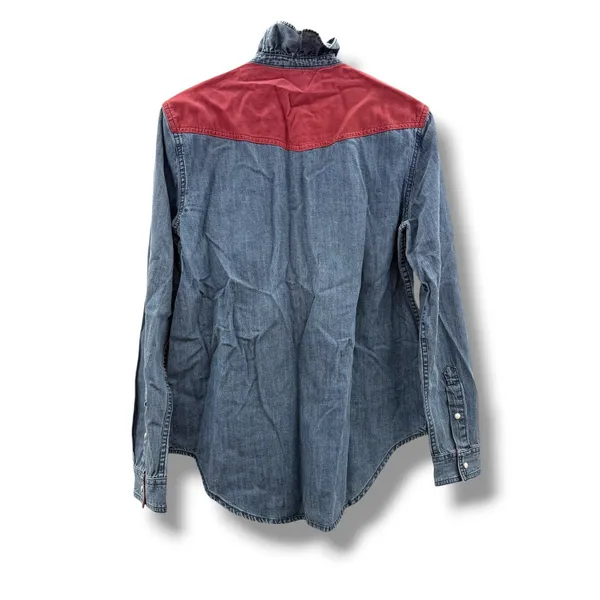 Sundance Denim Shirt Womens XS Blue Red Corduroy Yoke Ruffle Western Pearl Snap - Image 3