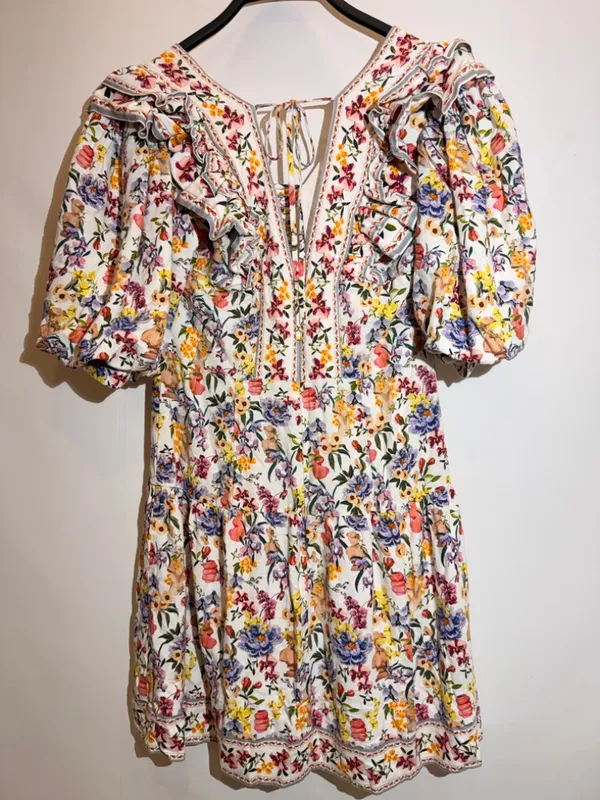Farm Rio Greek Garden Floral Linen Blend Ruffle Tie Back Mini Dress Size M - Image 3