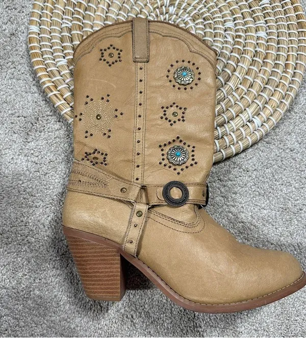 Dingo Addie Women’s Harness Boots Mid-Calf Rhinestone Western Rodeo Cowgirl Tan - Image 12