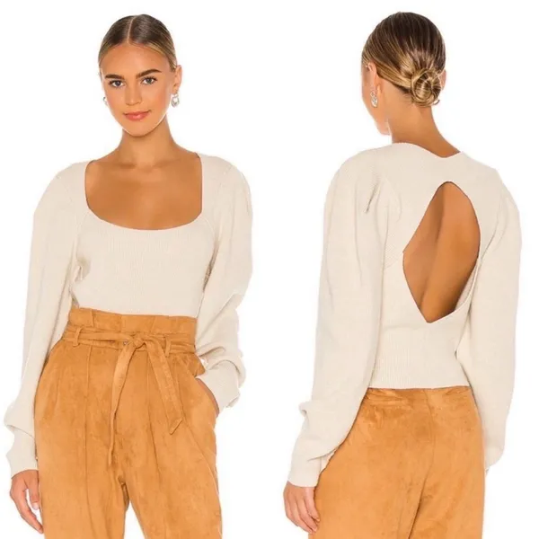 Free People Saffron‎ open back Ivory Ribbed Knit Sweater size medium, nwt - Image 2