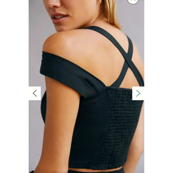 Anthropologie Maeve Size-XS Black‎ Linen Off The Shoulder Twist Crop Top - Image 2