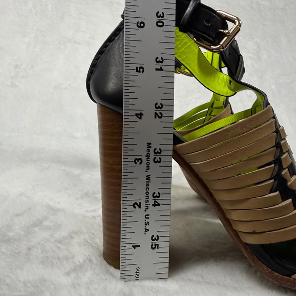 Coach Black Tan Neon‎ Woven Leather Block Heel Sandals Buckle Ankle Strap 7 - Image 4