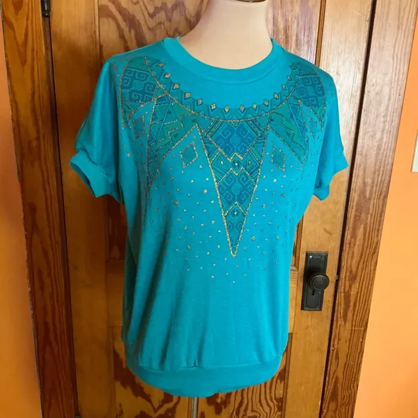 Vintage 80s Teal Gold Glitter Geometric Graphic Top Metallic Print Shirt - Image 9