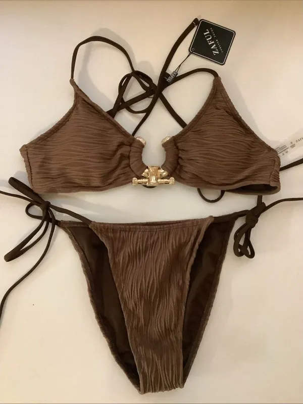 ZAFUL Women's Size Small Cutout Bikini Textured Metal High Leg Cheeky Two-Piece - Image 3