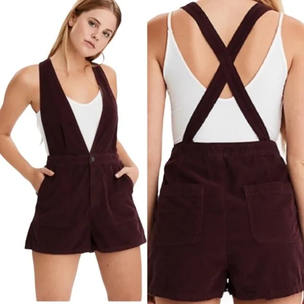 American Eagle • burgundy corduroy overall shorts romper shortalls maroon romper - Image 12