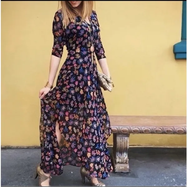 Anthro HD in Paris Maxi Dress‎ Womens US 4 Sheer Floral Chiffon Cottage Peasant - Image 12