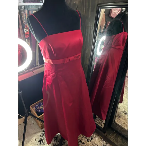 Davids Bridal Red‎ Satin A-Line Formal Gown Dress with Bow Waist Size 12 - Image 6