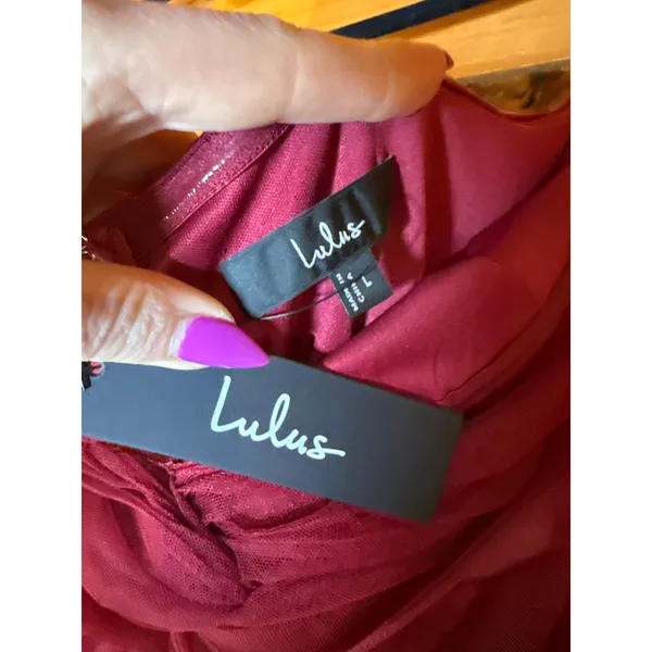 NWT Lulus Perfect Whimsy Burgundy Mesh Strapless Midi Dress Gala Banquet Size L - Image 6