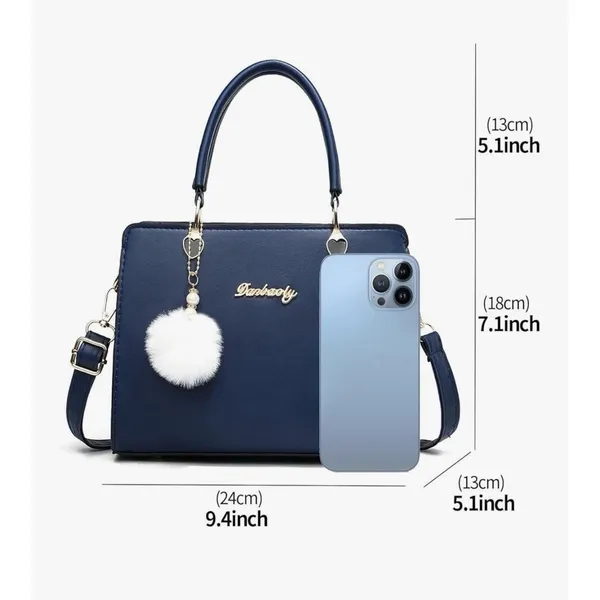 Navy Blue PU Leather Satchel Crossbody‎ Bag Heart Hardware Pom Pom Charm - Image 4