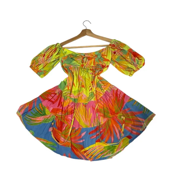 Farm Rio Tropical Print Puff Sleave Mini Dress XS Resort Vacation Sundress - Image 7