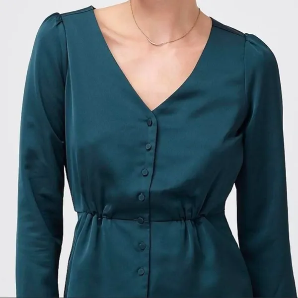 J.Crew Womens Long Sleeve V-Neck Button-Up Peplum Blouse Size 2 Deep Green - Image 2