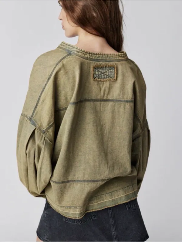 FP “We The Free” Jude Denim Oversized Washed Olive Green V-Neck Oversized Tunic - Image 2