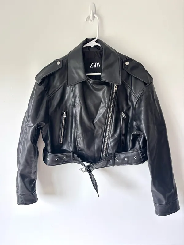 Zara Black Vegan Faux Leather Cropped Biker Moto Jacket Belted - Image 5