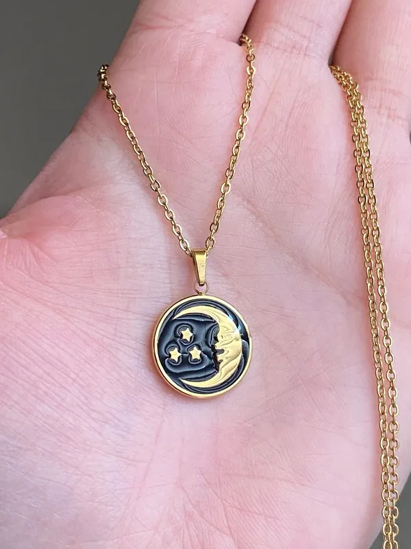 Handmade gold tone stainless steel & black enamel celestial whimsical vintage style necklace🌟 - Image 6