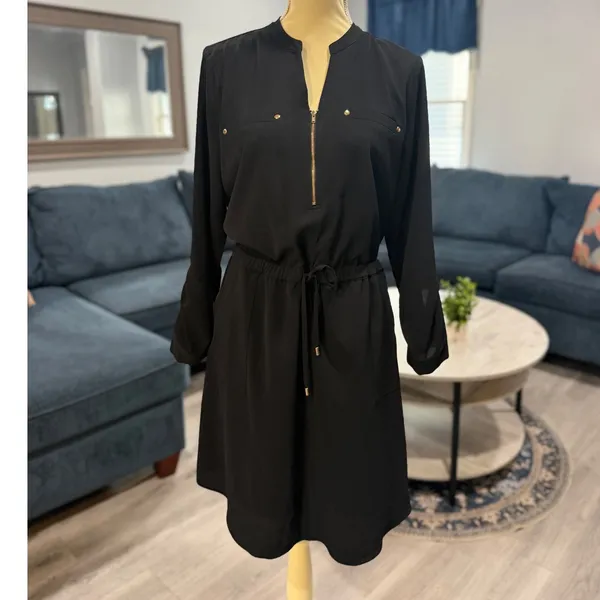 Apt. 9 Black Utility Shirt Dress Gold Zip Cinch Waist Long Sleeve Office Chic L - Image 2