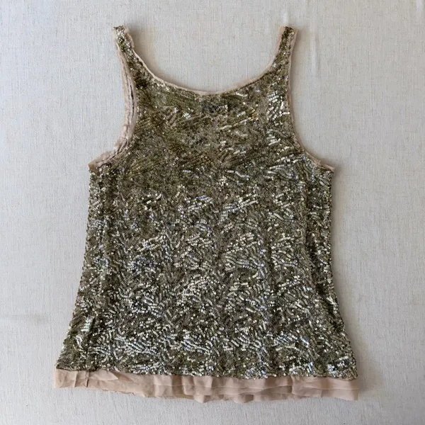 Wren 100% Silk Sequin‎ Embroidered Tank Top Champagne XS Made USA - Image 11