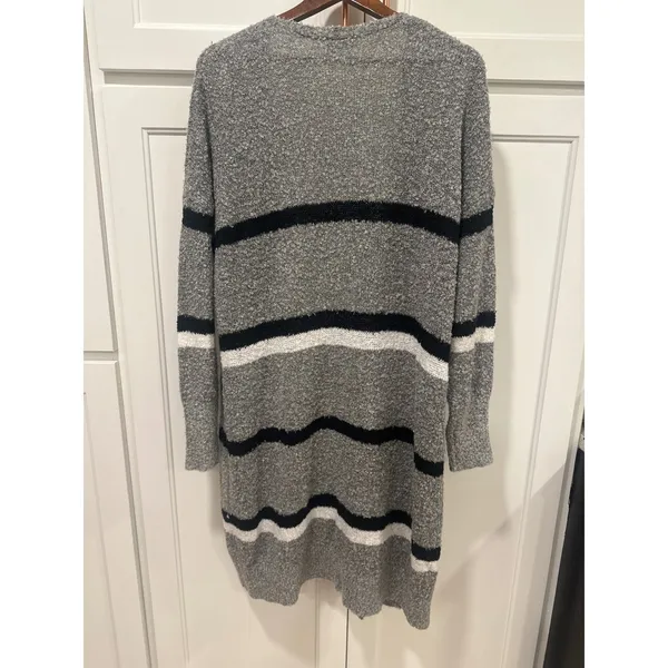 Mudpie Gray Striped Open Front Long Cardigan M/L Sweater Knit Pockets Winter - Image 4