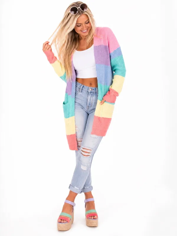 ZESICA XL Pastel Rainbow Colorblock Long Open Front Knit Cardigan Pockets - Image 5