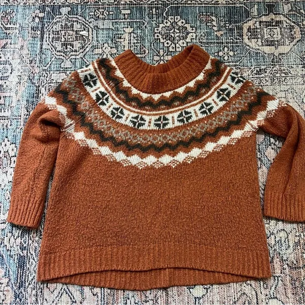 Aerie Fair Isle Knit Sweater Rust Orange Neutral Ivory Earth Cottagecore Large - Image 8