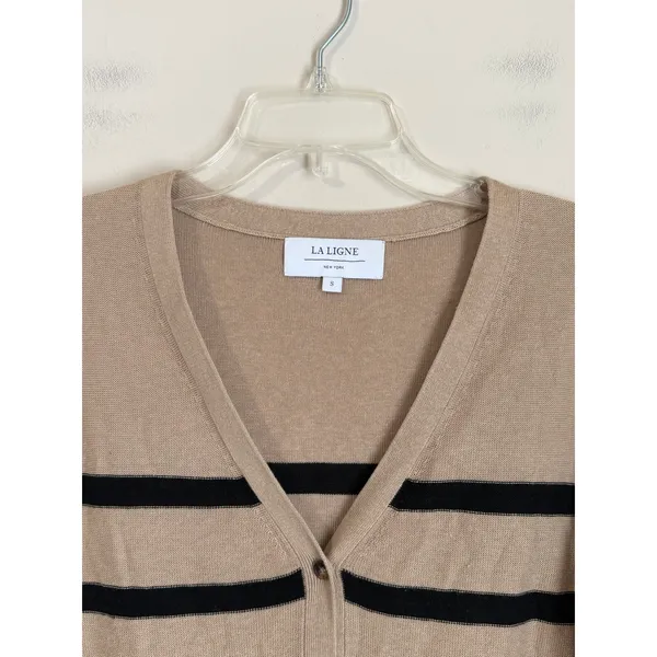 La Ligne Cardigan Women Size S Tan Black Striped Linen Cropped V-Neck - Image 5