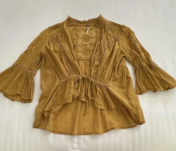 Free People Yellow Open Tie Front Shrug Shirt Top Sz Extra Small XS Women’s - Image 7