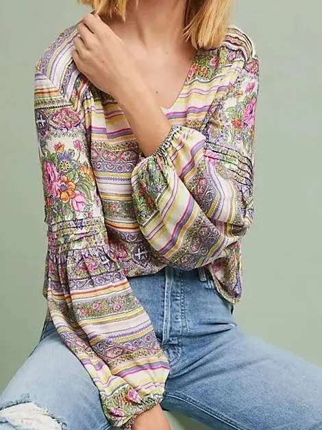 Anthropologie Maeve Gorgeous Boho Floral Puff Sleeve‎ Ceresco Peasant Top - Image 2