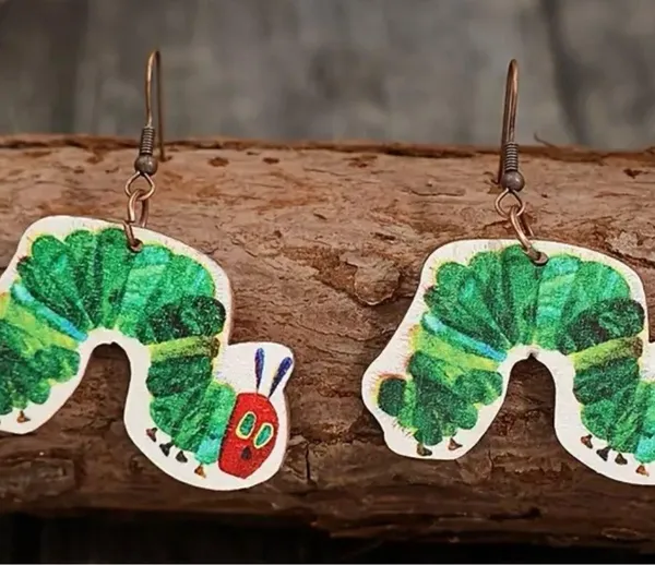 Caterpillar Very Hungry  Dangle Wooden Earrings - Image 2