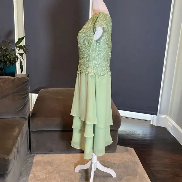 Women’s Green Chiffon & Lace Mid Length Dress with a Zip Up Back Size L NWOT - Image 3