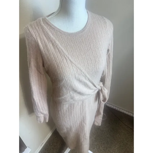 Antonio Melani Beige 100% Cashmere Wrap Sweater Dress Sz M Ribbed Knit Midi - Image 2