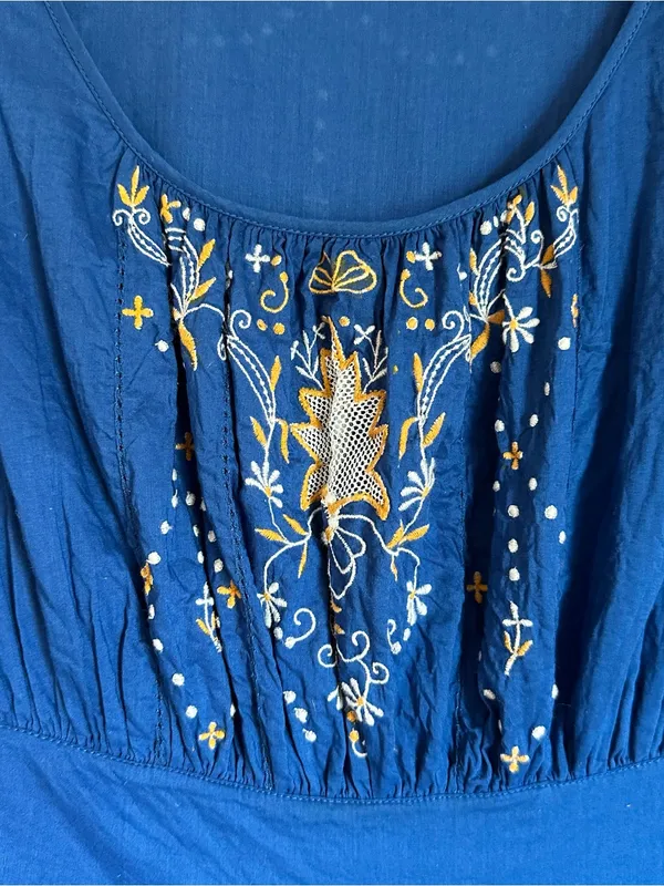 Anthropologie Lil Blue Scoop Neck White Embroidered Cap Sleeve Mini Dress Sz 4 - Image 5